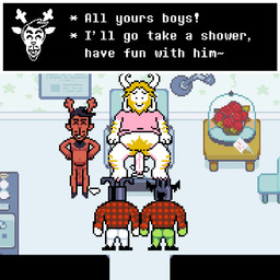 after_sex anthro armor beard bed belly belly_hair blonde_hair bodily_fluids body_hair bottomless butt chair chest_hair clothed clothing cum cum_on_ground dialogue dot_eyes facial_hair flower fur furniture genital_fluids genitals group hair hand_on_hip headgear helmet horn imminent_sex inviting long_ears lying lying_on_bed male male/male mature_anthro mature_male nude on_bed overweight overweight_anthro overweight_male penile penis plant pubes rear_view rose_(flower) simple_eyes skinny smile text topwear white_body white_fur joalmidon deltarune mythology undertale undertale_(series) asgore_dreemurr rg01_(undertale) rg02_(undertale) rudolph_holiday boss_monster_(undertale) bovid caprine dragon goat lagomorph leporid mammal mythological_creature mythological_scalie rabbit scalie 1:1 2025 digital_media_(artwork) english_text hi_res pixel_(artwork)