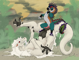 arm_feathers black_body black_claws black_feathers black_pawpads black_teats black_vulva blue_body blue_feathers claws curling_tail darkened_genitalia darkened_vulva duo eye_contact eyelashes fangs feather_hair feather_mane feather_pattern feathers feet_on_teats feet_on_thighs female feral feral_on_feral fur genitals green_body green_feathers grey_body grey_feathers hair hand_on_chest happy happy_sex holding_leg interspecies knot knotted_penis larger_female leg_markings long_mane looking_at_another looking_at_partner lying male male/female mane markings messy_hair messy_mane mouth_closed nature_background on_back orange_body orange_feathers orange_stripes pawpads penis penis_on_vulva pointy_ears prehistoric presenting_pawpads pseudo_hair pseudo_mane puffy_vulva pupils purple_body purple_feathers red_eyes sabertooth_(anatomy) sex sitting sitting_on_another size_difference slit_pupils smaller_male smile socks_(marking) spread_legs spreading striped_markings stripes submissive submissive_female tail tail_wrapping tails_touching tan_body tan_fur tapering_penis teats teeth vulva white_claws white_mane ferocious_ferals mythology morgra zekyal dinosaur dragon dromaeosaurid equid equine furred_dragon furred_scalie hybrid mammal mythological_creature mythological_scalie prehistoric_species reptile saurischian scalie theropod utahraptor wingless_dragon 2026 absurd_res hi_res signature