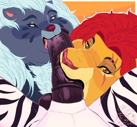 anthro balls big_balls big_cheeks big_penis black_stripes bodily_fluids body_hair brown_eyes chest_hair collaborative collaborative_fellatio collaborative_oral collaborative_sex faceless_character fellatio fur genitals grey_body grey_fur group hair licking looking_at_viewer male male/male mane obese oral orange_body orange_fur overweight penile penis penis_lick red_mane saliva sex striped_body stripes tongue tongue_out trio white_body white_hair yellow_body yellow_fur lionberrymochi disney the_lion_guard the_lion_king bunga kion_(the_lion_guard) badger equid equine felid honey_badger lion mammal mustelid musteline pantherine zebra absurd_res colored flat_colors hi_res