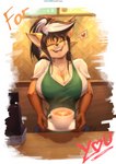 apron beverage big_breasts breasts clothed clothing coffee eyes_closed female fully_clothed heart_symbol holding_coffee huge_breasts inside solo text viejillox elizabeth_fox canid canine fox mammal 2022 absurd_res digital_media_(artwork) english_text hi_res shaded