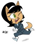 accessory anthro black_hair chibi female fur green_eyes hair hair_accessory hairband one_eye_closed open_mouth open_smile running simple_background smile solo tan_body tan_fur white_background dbaru nickelodeon t.u.f.f._puppy kitty_katswell domestic_cat felid feline felis mammal 2025 dated