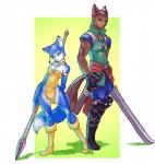 anthro blue_body blue_eyes blue_fur blue_hair breasts cleavage clothed clothing duo female fur hair male melee_weapon polearm staff sword tribal weapon white_body white_fur luigiix dinosaur_planet rareware krystal_(dinosaur_planet) sabre_(dinosaur_planet) canid canine canis fox mammal wolf digital_media_(artwork) full-length_portrait portrait