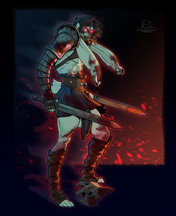 anthro armor biped blood bodily_fluids boots bottomwear clothing flaccid footwear genitals glowing glowing_eyes hair headgear helmet holidays logo long_ears male melee_weapon muscular muscular_anthro muscular_male penis shoes short_hair skirt solo sword text weapon boosterpang halloween lagomorph leporid mammal rabbit 2025 artist_logo english_text hi_res japanese_text