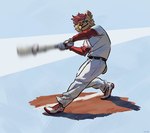 anthro biped bottomwear clothed clothing footwear fully_clothed hair holding_baseball_bat holding_object male motion_blur pink_hair red_clothing shoes solo sportswear standing topwear white_clothing mawfulme canid canine mammal 2021 hi_res