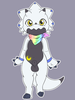 animal_genitalia anthro balls belly claws fully_sheathed genitals horn kerchief kerchief_only male mostly_nude navel neckerchief neckerchief_only neckwear sheath slightly_chubby solo standing white_body yellow_eyes young young_male mrpandragon bandai_namco digimon toby_the_gammamon digimon_(species) gammamon scalie 3:4 absurd_res hi_res