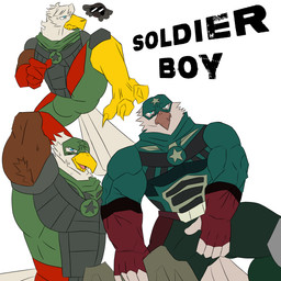 anthro armor armpit_hair avian_feet barazoku beak beard blue_eyes blush bodily_fluids body_hair bulge butt clothing duo eyewear facial_hair glasses gloves green_clothing green_suit hallucination handwear headgear helmet male male/male military_uniform muscular muscular_anthro muscular_male red_clothing red_gloves red_handwear suit sweat thick_thighs uniform theastoundingarc the_boys_(series) black_noir_(the_boys) soldier_boy_(the_boys) accipitrid accipitriform avian bird bovid caprine eagle mammal sheep 1:1 hi_res