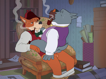 anal anal_penetration animal_genitalia anthro anthro_on_anthro anthro_penetrated anthro_penetrating anthro_penetrating_anthro balls bodily_fluids bottomless bottomwear bottomwear_down bow_(feature) bow_tie clothed clothing cum detailed_background duo eyes_closed from_front_position genital_fluids genitals hand_on_shoulder inside leaning leaning_backward male male/male male_penetrated male_penetrating male_penetrating_male mastery_position on_lap pants pants_down partially_clothed penetration penile penile_penetration pipe reclining sex sheath sitting sitting_on_lap slightly_chubby smoke smoking smoking_pipe straddling sweat topwear underwear underwear_down vest keto sherlock_hound_(series) sherlock_hound watson_(sherlock_hound) canid canine canis domestic_dog mammal digital_media_(artwork) hi_res