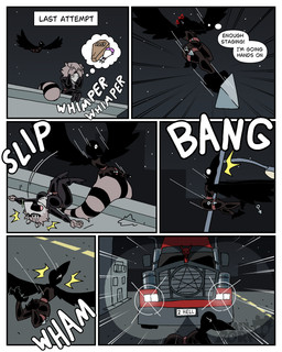 angry annoyed anthro assassin assassination beak big_breasts big_butt black_clothing bodily_fluids bodysuit boots breasts butt city city_background clothed clothing cross-popping_vein crying dodging duo female female_anthro femme_fatale footwear fur headlight high_heeled_boots high_heels huge_breasts inner_thoughts knife light_pole markings night pouch_(clothing) raccoon_tail shocked shoes simple_background skinsuit solo spread_wings stripes surprised tail tail_markings tears tears_of_sadness teary_eyes text thief throwing_knife tight_clothing truck vehicle wings diegutan carmen_the_crow uva_the_raccoon avian bird corvid corvus_(genus) crow mammal oscine passerine procyonid raccoon 4:5 absurd_res aliasing binary_drawing comic digital_drawing_(artwork) digital_media_(artwork) english_text hi_res