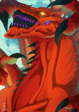 black_teeth creepy_face feral glowing glowing_eyes macro male multi_wing open_mouth orange_body solo teeth teeth_showing towering wings seregore nargarot_(seregore) demon demonic-dragon scalie absurd_res cel_shading hi_res shaded
