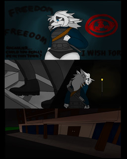 abandoned_building anthro black_clothing black_legwear blue_clothing blue_eyes blue_shirt blue_topwear bulletproof_vest clothing crate femboy foggy_background graffiti graffiti_on_wall gun hair legwear male male/male ranged_weapon shirt shotgun solo text thinking topwear underwear weapon white_body white_hair raganlier raganlier_(character) 4:5 comic english_text hi_res