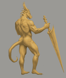 5_fingers anthro butt claws fingers holding_melee_weapon holding_object holding_sword holding_weapon horn male male_anthro melee_weapon mouth_closed nude solo standing sword tail toe_claws weapon aduran mythology dragon mythological_creature mythological_scalie scalie absurd_res full-length_portrait hi_res partially_colored portrait