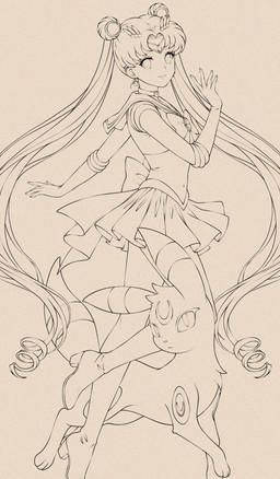 ambiguous_gender bottomwear clothing crescent_moon_(marking) duo eyelashes female feral footwear fur gloves hair handwear looking_at_viewer markings moon_(marking) ring_(marking) shoes simple_background skirt leoiruga nintendo pokemon sailor_moon_(series) sailor_moon_(character) eeveelution generation_2_pokemon human mammal pokemon_(species) umbreon 2026 hi_res line_art monochrome
