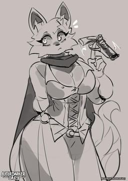 anthro big_breasts breasts cheek_tuft cleavage clothed clothing facial_tuft female fluffy fluffy_tail fur gun gunslinger low_cut_shirt nervous oops ranged_weapon shirt solo tail thick_thighs topwear tuft twirling unbuttoned unbuttoned_shirt weapon white_body white_fur wide_hips darkergrey aria_serizawa canid canine fox mammal absurd_res greyscale hi_res monochrome