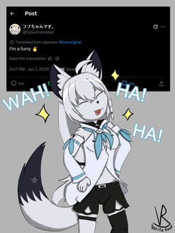 anthro armwear bottomwear braided_hair clothing detached_sleeves eyes_closed female fur hair hands_on_hips laugh leg_strap legwear open_mouth open_smile shorts simple_background smile smug smug_expression smug_face smug_grin solo squish stockings thigh_squish tweet white_body white_fur white_hair vanilla_road hololive twitter vtuber shirakami_fubuki canid canine fox mammal true_fox absurd_res hi_res