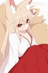 asian_clothing bottomwear clothed clothing east_asian_clothing female hair hakama haori japanese_clothing long_hair multi_tail red_eyes solo tail tan_hair mofuaki animal_humanoid canid canid_humanoid canine canine_humanoid fox_humanoid humanoid mammal mammal_humanoid 2020 2:3 hi_res