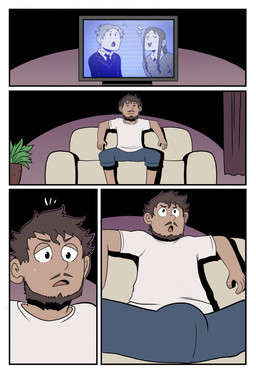 beard becoming_erect bored bottomwear brown_hair bulge clothing curtains facial_hair female hair living_room male mustache plant shirt shorts solo tenting topwear transformation transformation_sequence watching_television white_clothing white_shirt white_topwear t0l0k domo_(ben300) human mammal comic hi_res