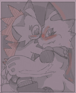 anthro bashful blep blush duo embarrassed hug male male/male on_lap smile tongue tongue_out yogurtpubes bandai_namco digimon digimon_beatbreak digimon_(species) gekkomon monodramon scalie hi_res