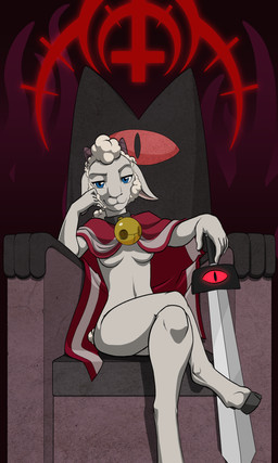 anthro blue_eyes bottomless bottomless_female breasts cape chair cloak clothed clothing cosplay cross crossed_legs female fur furniture hair inverted_cross looking_at_viewer melee_weapon solo sword throne under_boob weapon white_body white_fur white_hair black-kitten cult_of_the_lamb massive_monster_(studio) lamb_(cult_of_the_lamb) morissa_(black-kitten) red_crown_(cult_of_the_lamb) bovid caprine mammal sheep 3:5 absurd_res hi_res