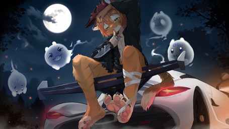 4_toes 5_fingers anthro bangs barefoot between_toes black_bottomwear black_claws black_clothing black_eyebrows black_shirt black_shorts black_topwear bottomwear brown_markings brown_stripes car claws clothed clothed_anthro clothed_male clothing cloud countershade_face countershade_fur countershade_neck countershade_torso countershading detailed_background dipstick_tail eyebrows facial_markings feet finger_claws fingerpads fingers forest forest_background front_view full_moon fur fur_markings green_eyes grin grinning_at_viewer hair hair_between_eyes head_markings heel_pad holding_knife holding_object holidays hotpants humanoid_hands iris knife leg_markings looking_at_viewer male male_anthro markings mask minishorts monotone_hair moon multicolored_body multicolored_fur nature nature_background night one_eye_closed open_clothing open_shirt open_topwear orange_body orange_fur orange_hair outside pawpads paws pink_nose pink_pawpads plant plantigrade plantigrade_pawpads pose pupils raised_arm red_mask shirt short_hair shorts sitting_on_car sitting_on_vehicle sky slim slim_anthro slim_male smile smiling_at_viewer solo spoiler sports_car striped_body striped_fur striped_markings striped_tail stripes tail tail_markings teeth toe_claws toeless_(marking) toes topwear touching_hair tree two_tone_body two_tone_fur vehicle white_body white_countershading white_fur white_inner_ear white_markings white_sclera white_stripes white_tail_tip wink winking_at_viewer janiskisa halloween koenigsegg koenigsegg_jesko scream_(films) august_(hlebopodobniy) ghostface_(scream) domestic_cat felid feline felis ghost mammal spirit absurd_res digital_media_(artwork) full-length_portrait hi_res portrait