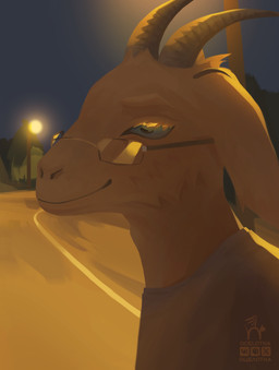 anthro blue_eyes cheek_tuft eyelashes eyewear facial_tuft fluffy fluffy_ears fur glasses glowing horn lamp lantern male night orange_glow outside solo street thick_eyelashes tuft yellow_body yellow_fur ocelotka mage_(ocelotka) bovid caprine goat mammal digital_media_(artwork) portrait