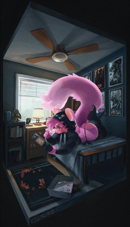 anthro bed bedroom big_butt butt ceiling_fan clothing electric_fan eyewear female fluffy fluffy_tail footprint footwear furniture glasses hoodie legwear lying on_bed on_front paw_socks pawprint pink_body round_glasses socks solo tail thigh_highs thigh_socks thong_straps topwear cjfurs doom_(series) id_software microsoft doom_slayer felid feline mammal absurd_res hi_res