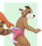 5_fingers anthro black_nose blush brown_body brown_fur clothing diaper ears_down fingers fur furgonomics looking_back male pivoted_ears pull-ups_(diaper) solo standing young young_anthro aspensplaypen mammal procyonid raccoon 2016