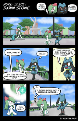 ambiguous_gender anthro black_body black_fur blue_body blue_fur building city cityscape dawn_stone dialogue duo evolutionary_stone fur green_body green_skin greeting group head_crest imagination male misunderstanding one_eye_closed outside pawpads pseudo_clothing sculpture speech_bubble statue text thick_thighs thought_bubble walking white_body white_skin wink reikomuffin nintendo pokemon canid canine gallade generation_3_pokemon generation_4_pokemon humanoid mammal pokemon_(species) riolu wynaut comic english_text hi_res