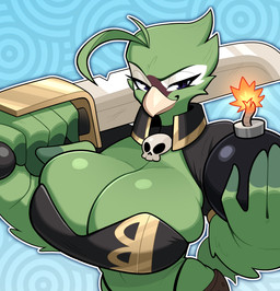 anthro beak big_breasts biped bomb breasts brown_body cleavage clothed clothing explosives feathers female fingers green_body melee_weapon mouth_closed multicolored_body navel non-mammal_breasts non-mammal_navel sabre_(weapon) simple_background smile solo standing underwear weapon white_body wide_hips budoti avian bird absurd_res hi_res