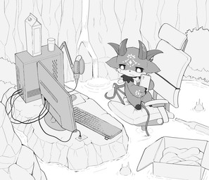 ambiguous_gender anthro biped black_sclera bottle box cardboard cardboard_box cellphone chair computer computer_mouse container cup electronics fur furniture grey_body grey_fur head_horn hooves horn juice_carton keyboard membrane_(anatomy) membranous_wings microphone monitor on_chair outlet phone river rock semi-anthro sitting sitting_on_chair smartphone solo spade_tail tail white_eyes wings oribiyo nijisanji vtuber debidebi_debiru demon greyscale japanese_description monochrome translated_description