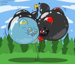 balloon_support belly belly_expansion big_belly blush body_inflation cloud evergreen_tree expansion glistening glistening_body huge_belly hyper hyper_belly hyper_inflation immobile inflation latex_body motion_lines plant purple_blush shadow sky skyscape spherical_inflation text tree yellow_eyes finalcord nintendo pokemon generation_4_pokemon generation_5_pokemon pokemon_(species) shinx zorua 2025 artist_name dated hi_res