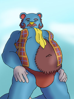 anthro ascot barazoku big_bulge biped blue_background blue_body body_hair brown_hair bulge clothed clothing facial_hair front_view frown gloves_(marking) grey_eyes hair hairy half-closed_eyes happy_trail kneeling male markings mature_anthro mature_male moobs multicolored_body mustache narrowed_eyes navel open_clothing overweight overweight_anthro overweight_male plaid pose simple_background solo thong two_tone_body underwear white_body yellow_nose brauner_(artist) animal_crossing nintendo beardo_(animal_crossing) bear mammal 2015 blue_theme digital_drawing_(artwork) digital_media_(artwork) pinup portrait three-quarter_portrait