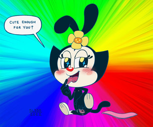 anthro barefoot bedroom_eyes big_eyes big_head black_body black_butt black_ears black_eyes black_hair black_tail blue_background blush bodily_fluids bottomwear breasts butt clothing dialogue eyelashes feet female flower genital_fluids genitals green_background hair half-closed_eyes hand_on_tongue happy humanoid_genitalia humanoid_vulva loli long_ears long_tail looking_at_viewer narrowed_eyes nipples nude nude_anthro nude_female on_ground open_mouth pink_background pink_nipples pink_tongue pink_vulva plant pose presenting presenting_vulva question rainbow rainbow_background raised_tail red_background red_nose round_head round_nose seductive short_hair simple_background sitting skirt small_breasts small_nipples smile smiling_at_viewer solo sparkles speech_bubble spread_legs spread_vulva spreading tail talking_to_viewer text tongue tongue_out toony vaginal_fluids vulva white_body yellow_background young young_anthro young_female sl350 animaniacs warner_brothers dot_warner inkblot lagomorph leporid mammal rabbit 2022 english_text hi_res portrait