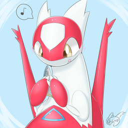 blush claws female feral musical_note musical_symbol simple_background solo symbol tongue yellow_eyes aokabike nintendo pokemon aquatic fish generation_3_pokemon latias legendary_pokemon pokemon_(species) scalie 1:1 hi_res source_request