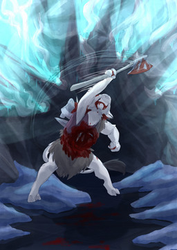 anthro axe biped blood blood_from_mouth blood_in_mouth blood_on_object blood_on_weapon bodily_fluids cave clenched_teeth clothed clothing female fur hooved_toes hooves snow solo tail teeth weapon white_body white_fur white_tail wounded bjekkergauken the_weapon_thief aurochs bovid bovine mammal recently_extinct_species 2025 colored comic hi_res