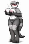 anthro big_breasts blue_eyes blush bottomwear breasts clothed clothing female fur grey_body grey_fur navel navel_piercing nipple_piercing nipples nude piercing shorts simple_background solo thick_thighs topless wide_hips wintermadness trish_(winter) mammal procyonid raccoon 2019 2:3 hi_res