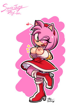 accessory anthro areola big_breasts black_nose blush blush_lines boots bracelet breasts clothing eyelashes female footwear front_view fur gloves green_eyes hair hair_accessory hairband handwear head_tuft heart_symbol holding_breast jewelry nipples on_one_leg pink_areola pink_background pink_body pink_fur pink_hair pink_nipples red_boots red_clothing red_footwear shoes short_hair simple_background solo standing tan_body tan_fur thick_thighs tongue tongue_out tuft white_background white_clothing white_gloves white_handwear wide_hips halfgalaxy sega sonic_the_hedgehog_(series) amy_rose eulipotyphlan hedgehog mammal absurd_res hi_res