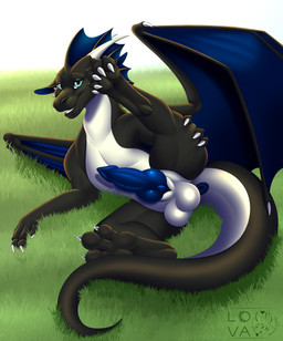 anus balls claws curling_toes erection feet feral frill_(anatomy) genitals grass horn knot knotted_penis looking_at_viewer male non-mammal_balls penis plant presenting raised_leg smile solo wings blackbatwolf mythology dragon mythological_creature mythological_scalie scalie hi_res