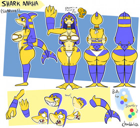 4_fingers alternate_species anthro back_boob big_breasts big_butt blonde_hair blue_hair blue_stripes bodily_fluids breasts butt cleavage clothed clothing curvy_figure egyptian egyptian_clothing eyebrow_through_hair eyebrows eyelashes female fin fingers flippers front_view grin hair half-closed_eyes head_accessory head_fin hmph hourglass_figure huge_breasts huge_butt huge_hips membrane_(anatomy) multicolored_body multicolored_hair multiple_angles narrowed_eyes navel neck_ring non-mammal_breasts non-mammal_navel rear_view sharp_teeth shocked side_view simple_background smile snout solo stripes tail tail_fin tears teeth text thick_thighs thin_eyebrows translucent translucent_hair under_boob webbed_hands wide_hips yellow_body chabble animal_crossing nintendo ankha_(animal_crossing) sharkha_(chabble) aquatic fish shark 2026 english_text hi_res model_sheet signature