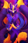 anthro blue_eyes covering covering_self female fur looking_at_viewer multi_tail nude purple_body purple_fur solo sparklefur tail thea molly_fullin canid canine dreamspinner fox mammal 2:3