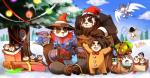 anthro black_body black_fur clothed clothing fur group hat headgear headwear holidays male outside sitting snow white_body white_fur warlocknyan blizzard_entertainment christmas warcraft bear mammal pandaren 2015 absurd_res hi_res