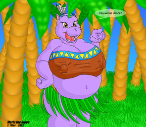 anthro belly big_belly big_breasts blue_sky breasts brown_eyes clothing detailed_background feathers female forest forest_background gesture grass grass_skirt hand_gesture hand_on_hip headgear headwear huge_breasts leaf looking_at_viewer nature nature_background open_mouth overweight overweight_female plant pointing pointing_at_viewer purple_body sky solo text tree badgerben moria_(badgerben) common_hippopotamus hippopotamid mammal english_text