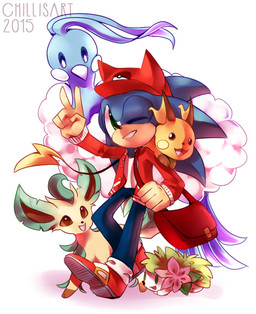 anthro bag blue_body blue_fur bottomwear clothing feral flower flower_(anatomy) footwear fur gesture green_body green_eyes green_fur group hand_gesture hat head_flower headgear headwear jacket leaf leaf_ears leaf_tail male notched_ear notched_leaf one_eye_closed pants plant shirt shoes simple_background smile tail topwear v_sign white_background white_body white_fur spacecolonie nintendo pokemon sega sonic_the_hedgehog_(series) pokemon_trainer sonic_the_hedgehog altaria avian eeveelution elemental_creature eulipotyphlan flora_fauna generation_1_pokemon generation_3_pokemon generation_4_pokemon hedgehog land_forme_shaymin leafeon legendary_pokemon mammal pokemon_(species) raichu rodent shaymin 2015 crossover