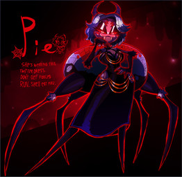 2_horns 6_eyes arthropod_abdomen clothed clothing dress eyebrows eyelashes eyeshadow fangs female fingers hair half-closed_eyes hand_on_hip horn looking_at_viewer makeup mouth_closed multi_eye multi_limb narrowed_eyes pupils red_sclera red_text slit_pupils solo standing teeth text antotheclownest arachnid arthropod 2024 english_text hi_res