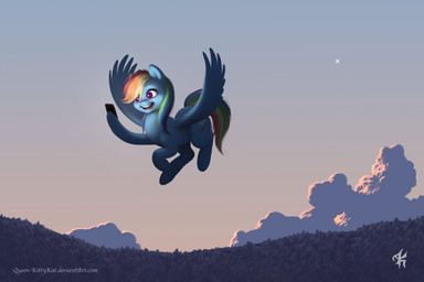 cellphone cloud cutie_mark electronics female feral flying midair nude phone selfie side_view simple_background sky skyscape smile solo sunset text wings katputze friendship_is_magic hasbro my_little_pony mythology rainbow_dash_(mlp) equid equine mammal mythological_creature mythological_equine pegasus 2017 3:2 digital_media_(artwork) full-length_portrait hi_res portrait url