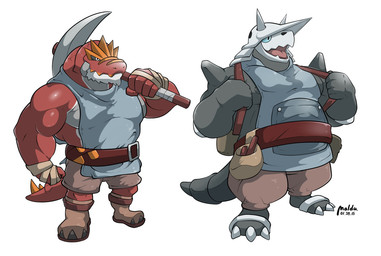abs anthro anthrofied bandage belt biceps clothed clothing duo footwear horn male muscular muscular_anthro muscular_male open_mouth pecs pickaxe shoes smile teeth tongue maldu nintendo pokemon aggron dinosaur fossil_pokemon generation_3_pokemon generation_6_pokemon pokemon_(species) prehistoric_species reptile scalie theropod tyrantrum