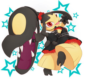 2_toes 3_fingers 3_fingers_gloves accessory belt_buckle black_body black_clothing black_gloves black_hair black_handwear black_skin bow_ribbon bracelet buckle chain clothing dress electronics eyelashes fangs feet female fingerless_gloves fingers frilly frilly_clothing frilly_dress furgonomics gloves hair hair_accessory hair_bow hair_mouth hair_ribbon handwear jewelry looking_at_viewer looking_back looking_back_at_viewer microphone one_eye_closed open_mouth open_smile plantigrade rear_view red_clothing red_dress red_eyes ribbons simple_background smile smiling_at_viewer solo star_(shape) teeth toes white_background wink winking_at_viewer yellow_body yellow_skin mawaifu babymetal nintendo pokemon generation_3_pokemon humanoid mawile pokemon_(species) 2025 absurd_res hi_res