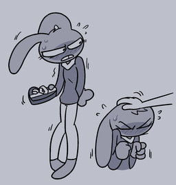 anthro blush bodily_fluids box_of_chocolates candy chocolate dessert duo ears_down embarrassed female fist food headpat holidays petting pivoted_ears sweat sockdraw roommates:motha valentine's_day beanie_(roommates) human lagomorph leporid mammal rabbit black_and_blue monochrome