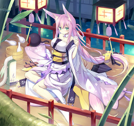 accessory alcohol asian_clothing beverage big_breasts blush braided_hair breasts bucket clothed clothing container detailed_background drinking east_asian_clothing female food footwear hair hair_accessory japanese_clothing kimono lamp lantern legwear long_hair long_sleeves looking_at_viewer obi obijime outside paper_lantern pink_hair pose purple_hair sake shirt_collar single_braid sitting socks solo tabi_socks teal_eyes thin_calves thin_legs thin_thighs yokozuwari poco momoyama_tsutsune animal_humanoid humanoid mammal