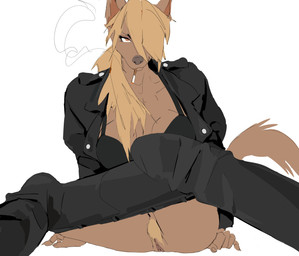 anthro biped blonde_hair bottomwear bottomwear_down bra breasts brown_body brown_fur cigarette cleavage clothed clothing female fur genitals hair jacket leather leather_bottomwear leather_clothing leather_jacket leather_pants leather_topwear long_hair pants pants_down partially_clothed pubes simple_background sitting smoking solo topwear underwear vulva white_background really_vile canid canine mammal 2022 absurd_res digital_media_(artwork) hi_res
