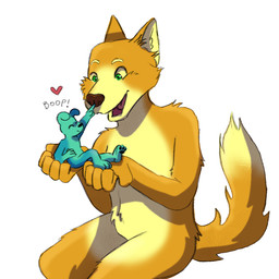 anthro boop feet fingers fur holding_micro male micro nose_boop open_mouth paws tail boopmysnoot canid canine canis domestic_dog fox mammal 1:1